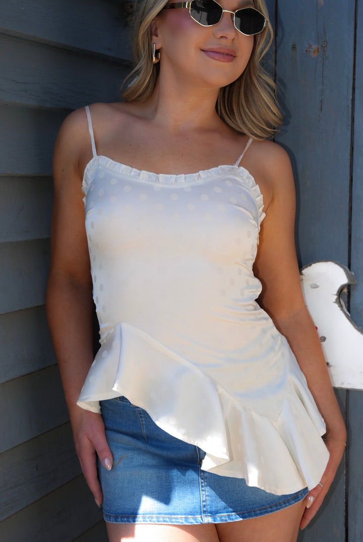 Ivory Jacquard Ruffle Peplum Cami Top