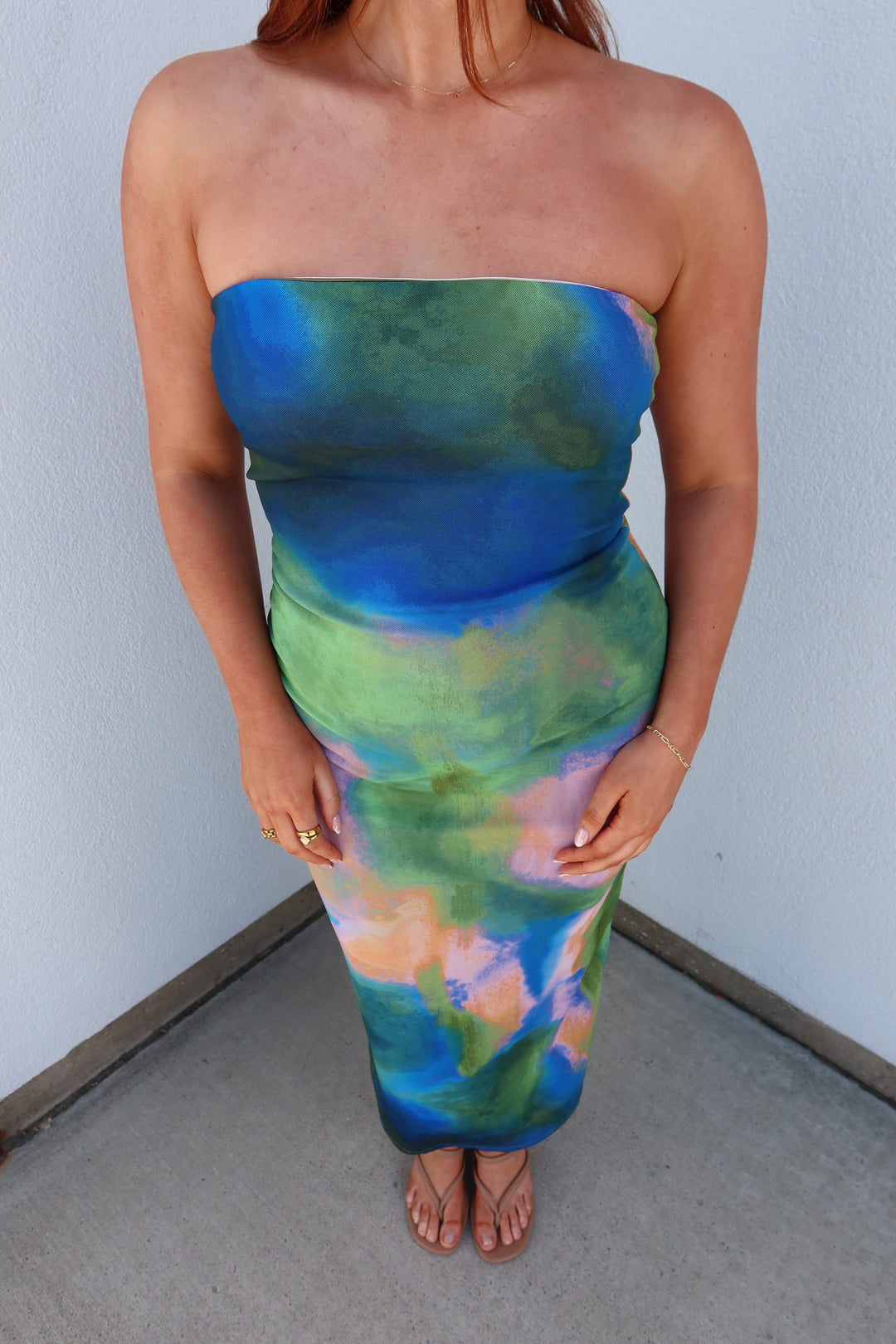 Aurora Watercolor Print Strapless Tube Midi Dress