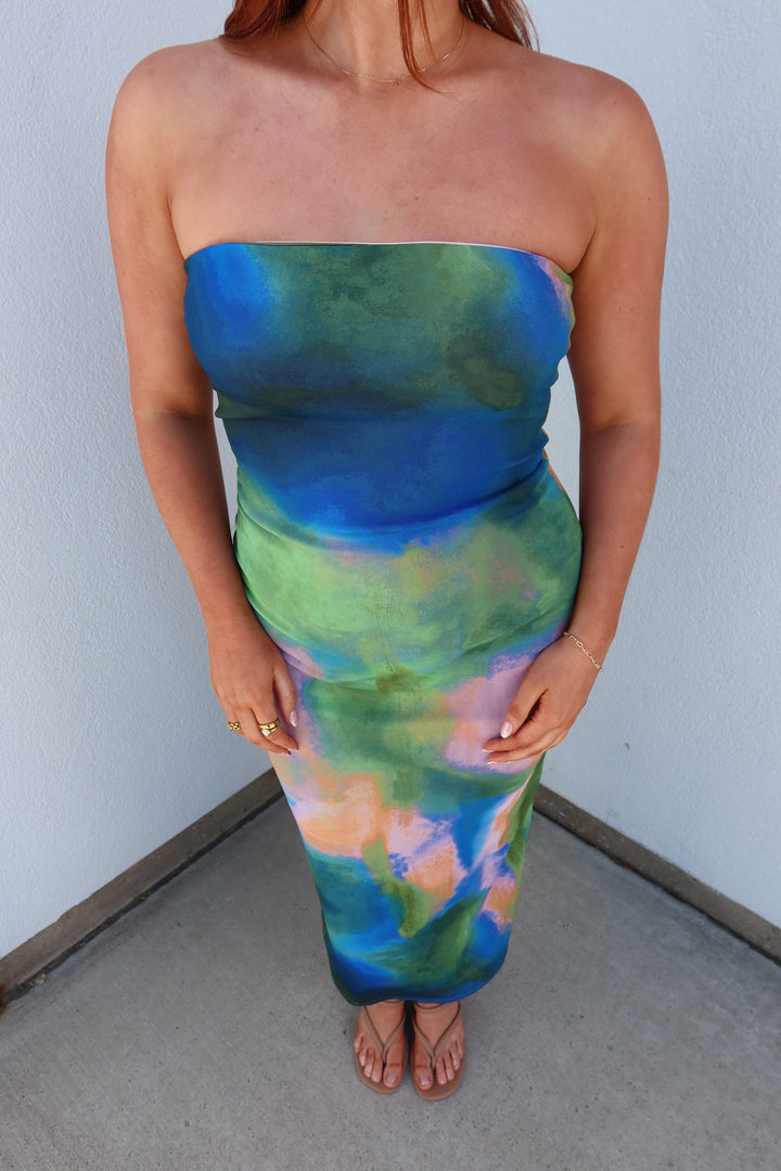 Aurora Watercolor Print Strapless Tube Midi Dress