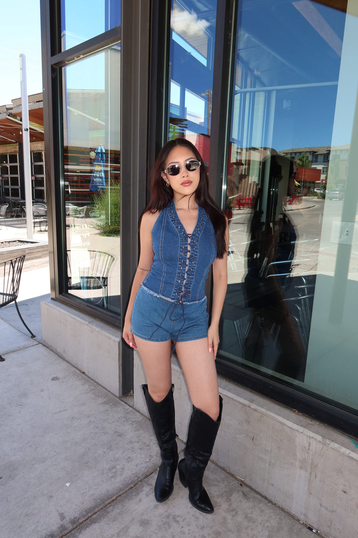 The Moto Lace-Up Denim Top