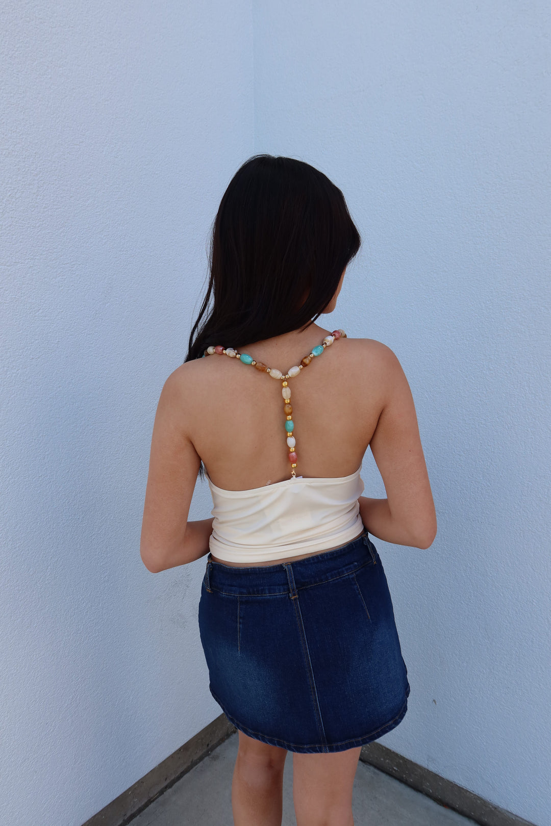 Gem Beaded Strap Cowl Neck Top