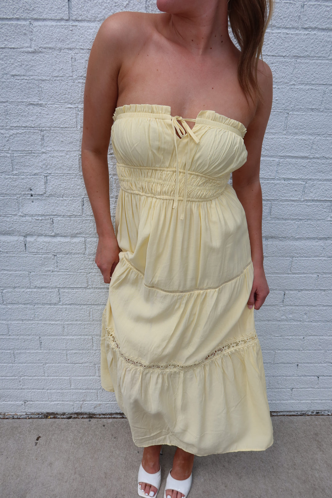 Butter Yellow Strapless Keyhole Tie Tiered Midi Dress