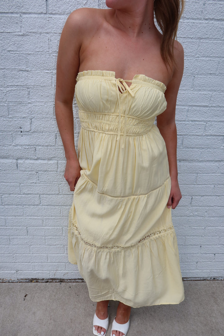 Butter Yellow Strapless Keyhole Tie Tiered Midi Dress