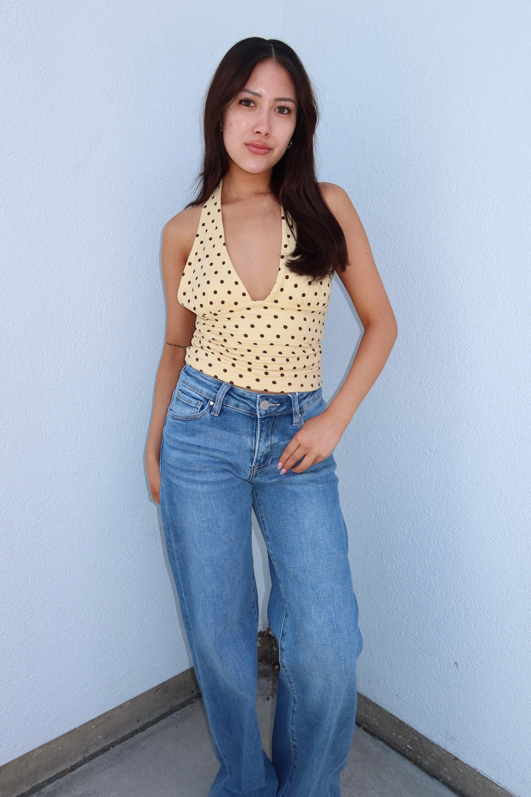 Polka Dot Deep-V Halter Crop Top