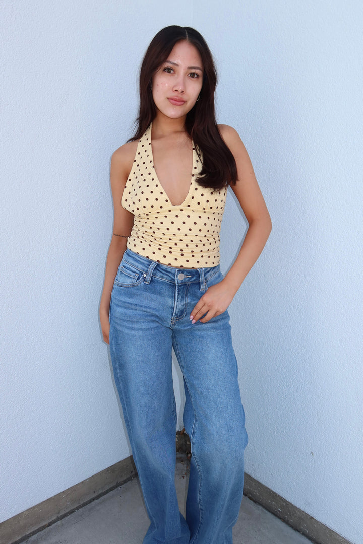 Polka Dot Deep-V Halter Crop Top