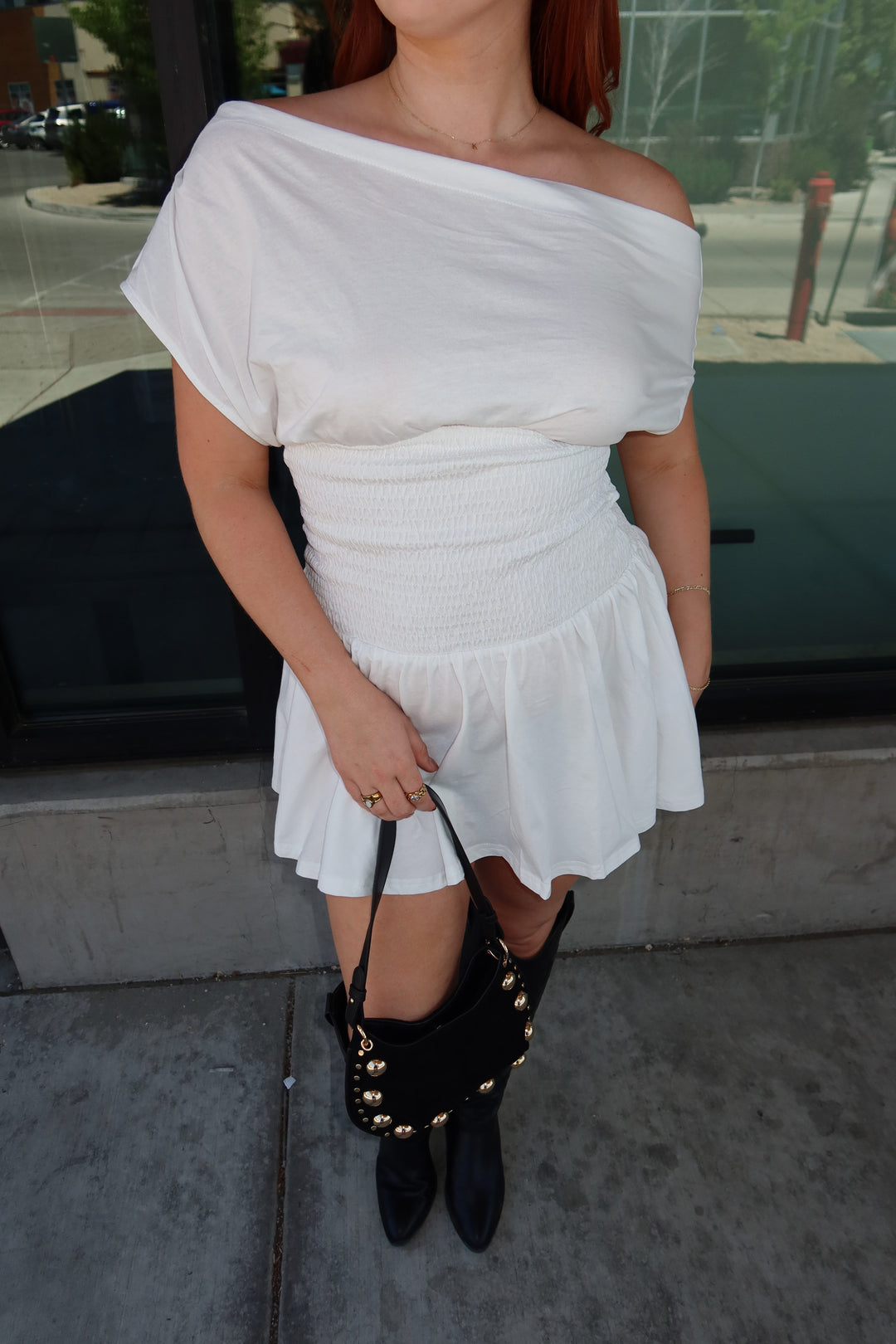 The Asha Off-Shoulder Smocked Mini Dress