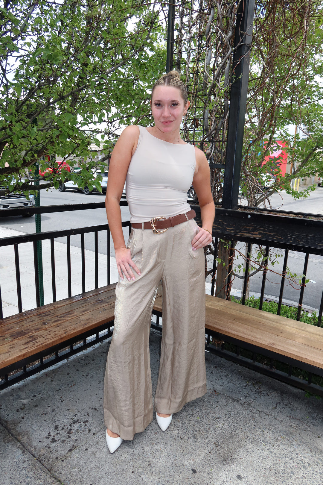 Taupe Satin Pleated Wide-Leg Pants with Belt