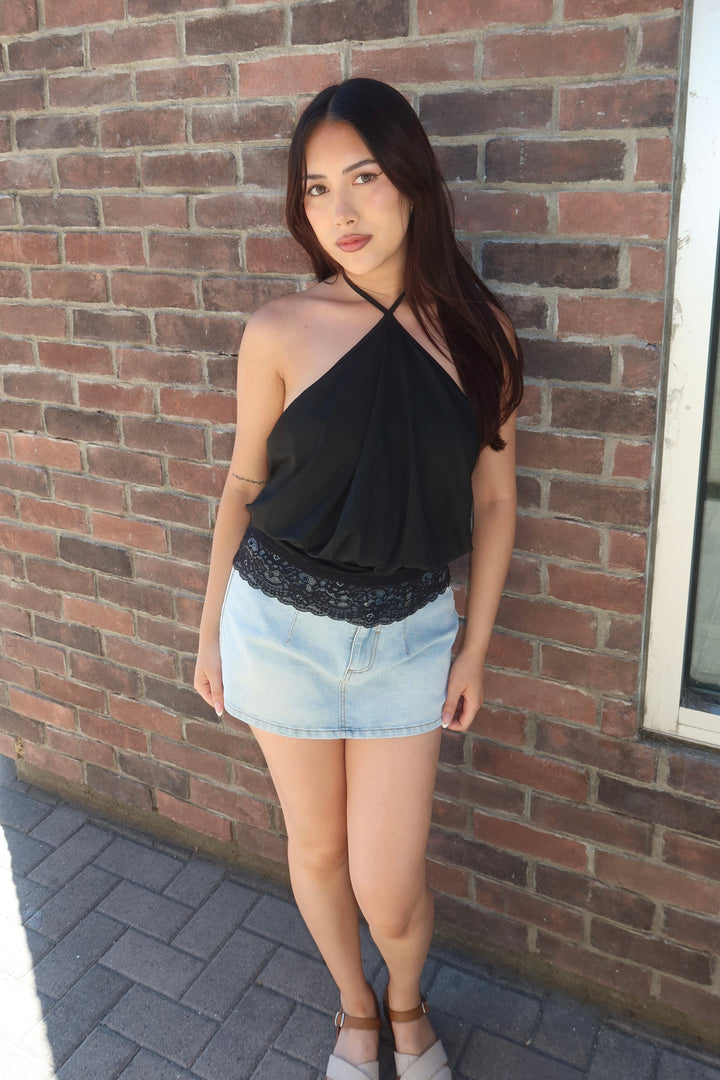 The Velvet Deep-V Lace Trim Halter Top