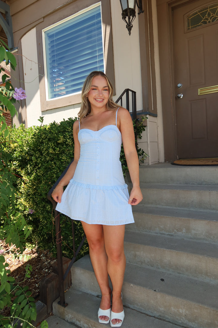The Blue Eyelet Drop Waist Mini Dress