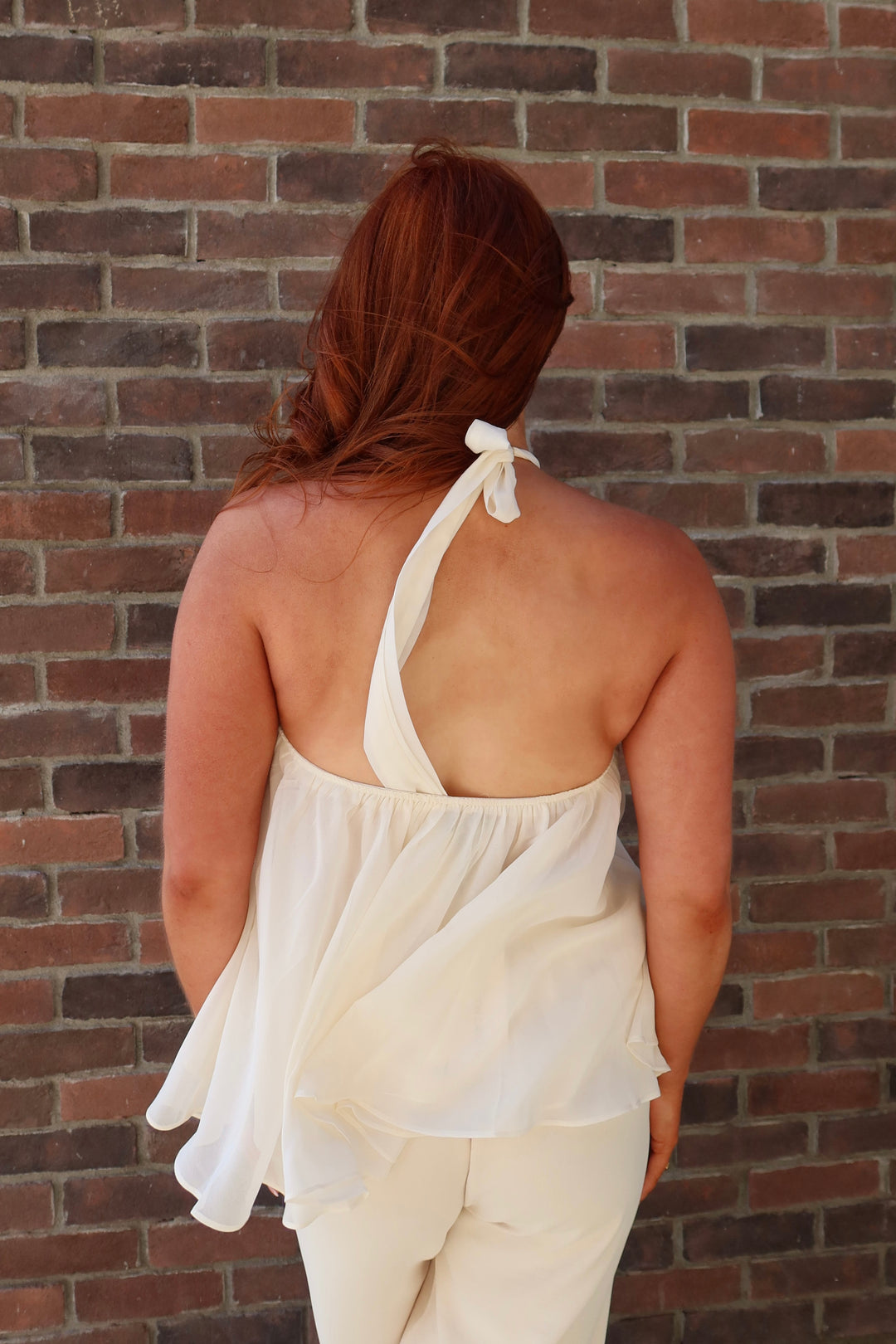 Cream Open-Back Rosette Halter Top