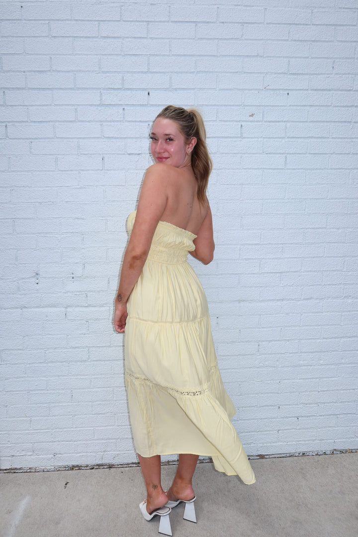 Butter Yellow Strapless Keyhole Tie Tiered Midi Dress