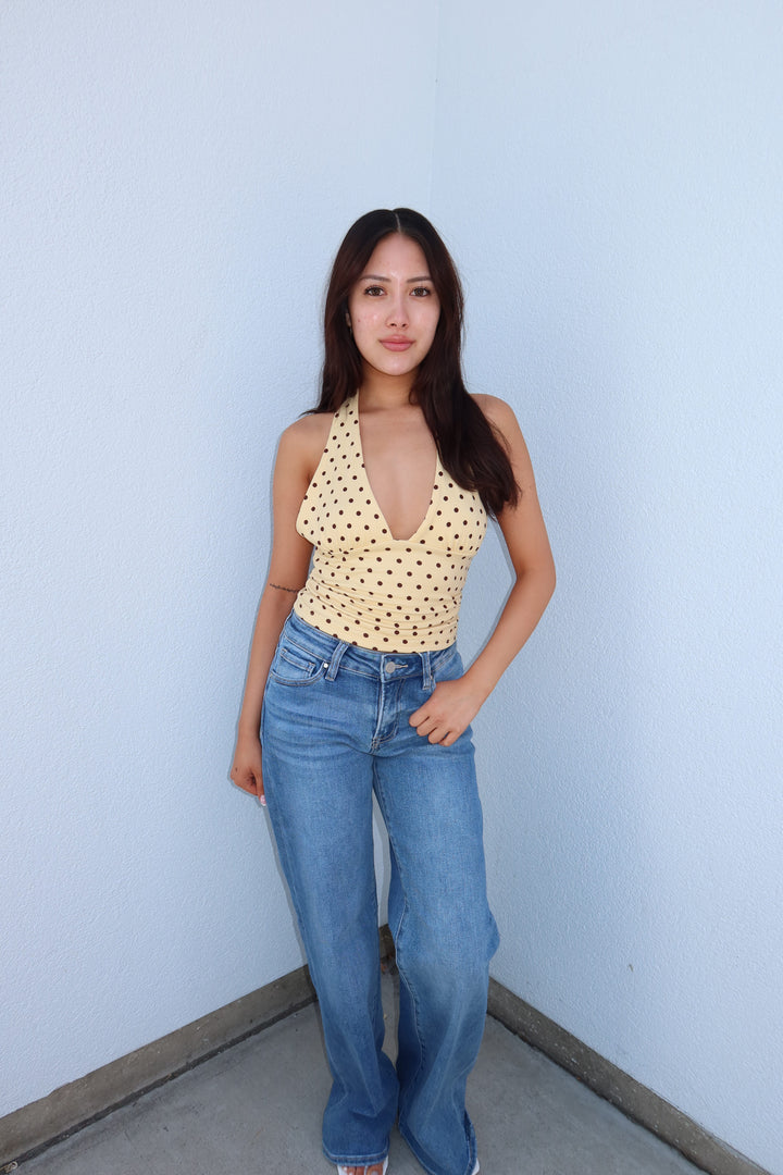 Polka Dot Deep-V Halter Crop Top