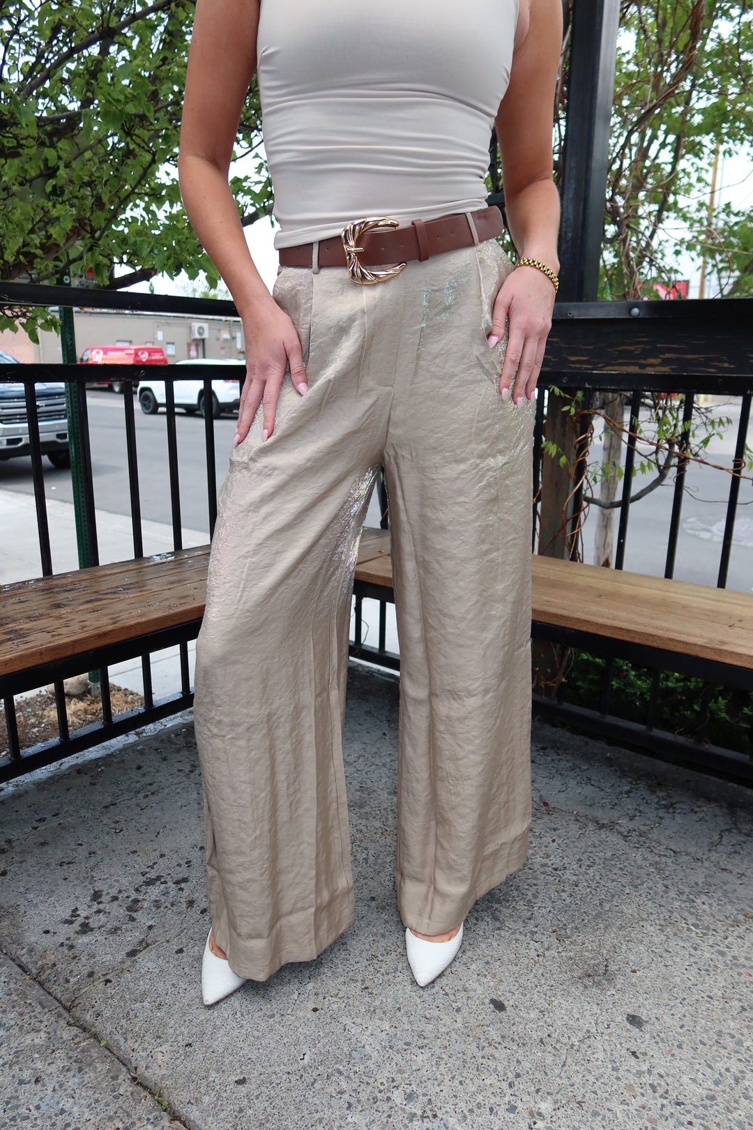 Taupe Satin Pleated Wide-Leg Pants with Belt