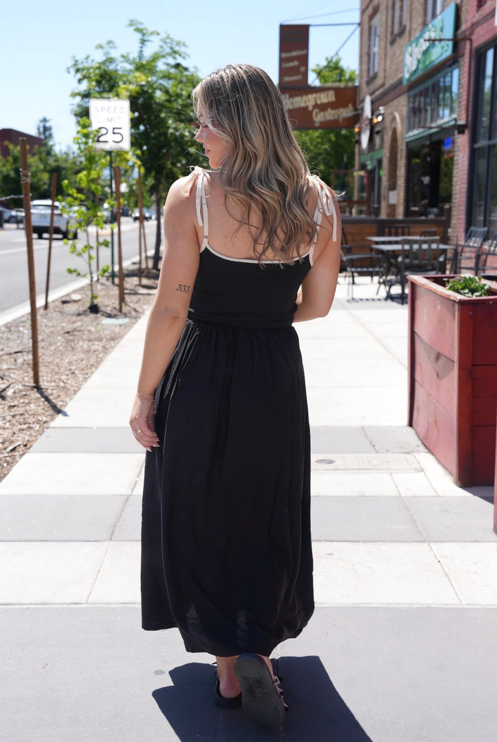 Contrast Tie Strap Knit Bodice Midi Dress