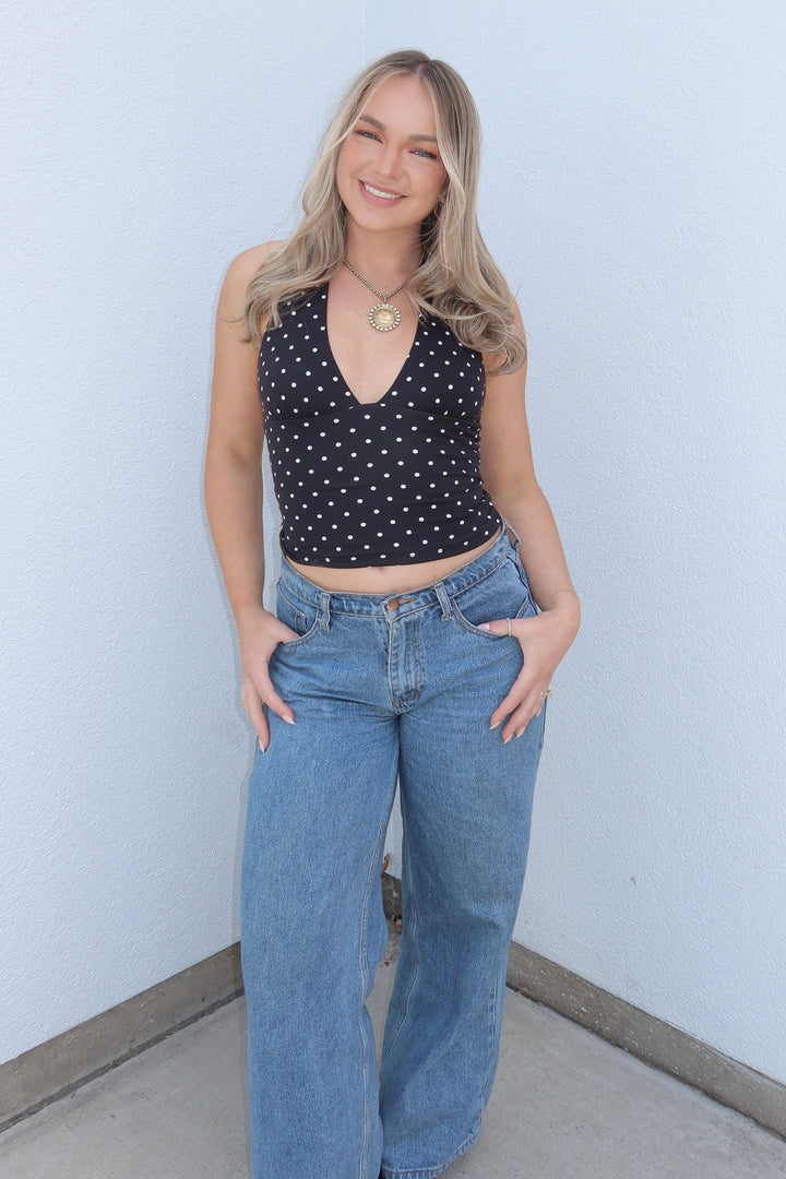 Polka Dot Deep-V Halter Crop Top