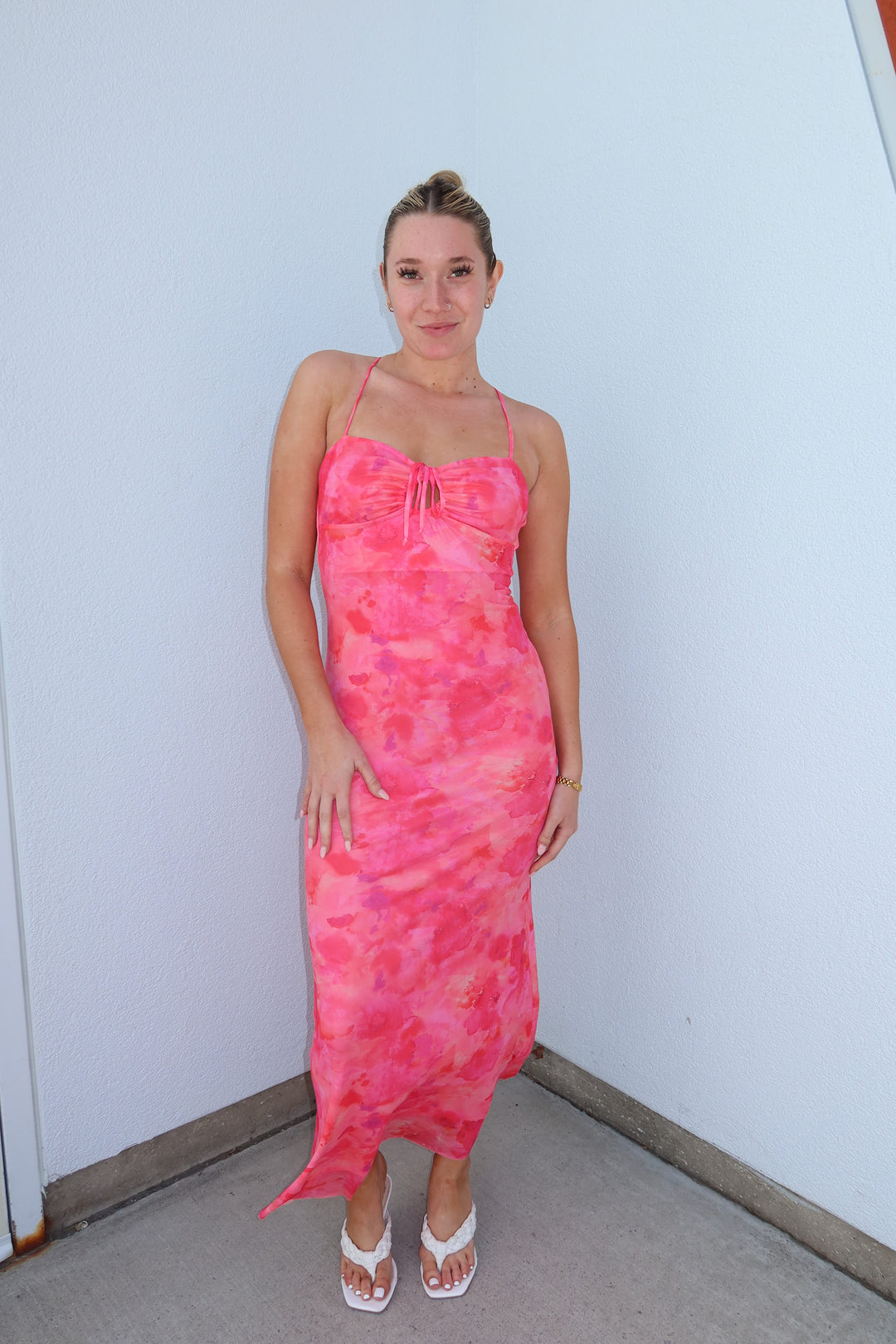 Coral Bloom Ruched Keyhole Mesh Maxi Dress - Open Back Pink / M