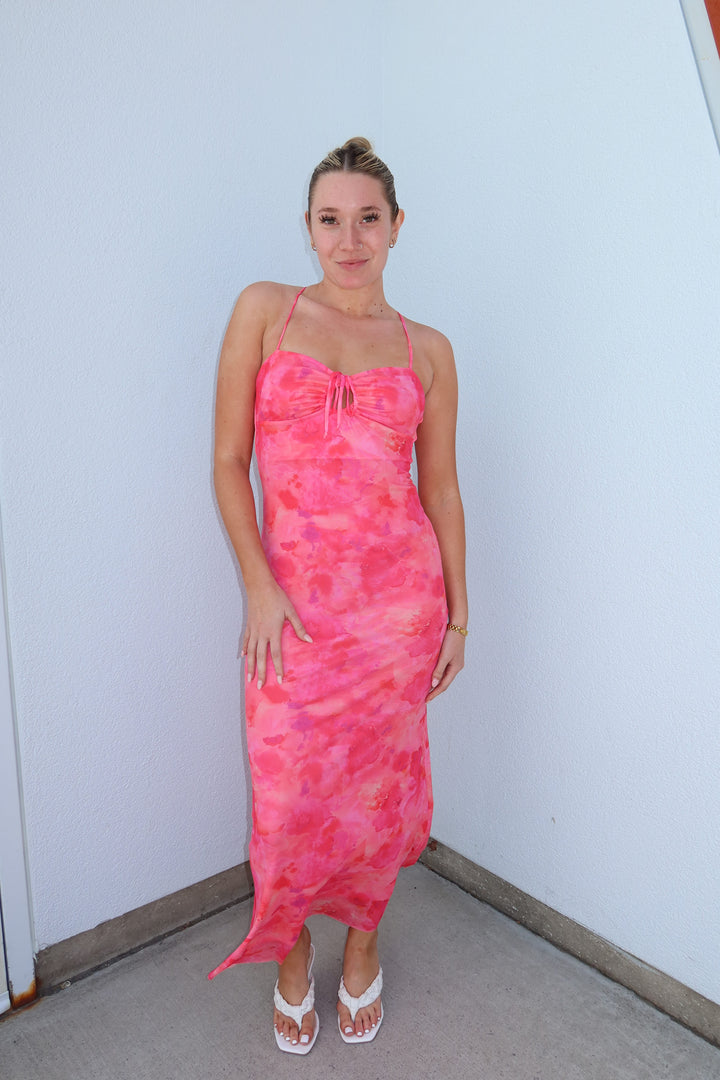 Coral Bloom Ruched Keyhole Mesh Maxi Dress