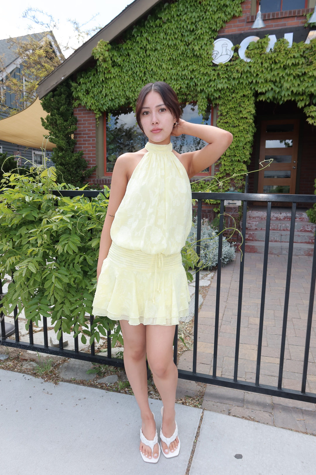 Lemon Floral Embossed Halter Open Back Mini Dress