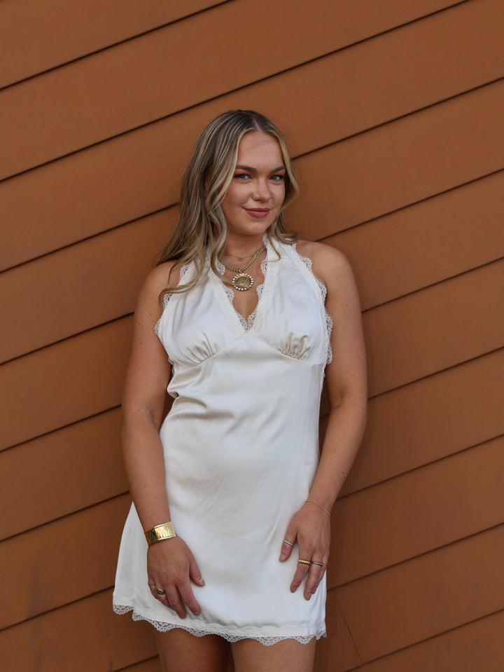 LILA LACE HALTER MINI DRESS