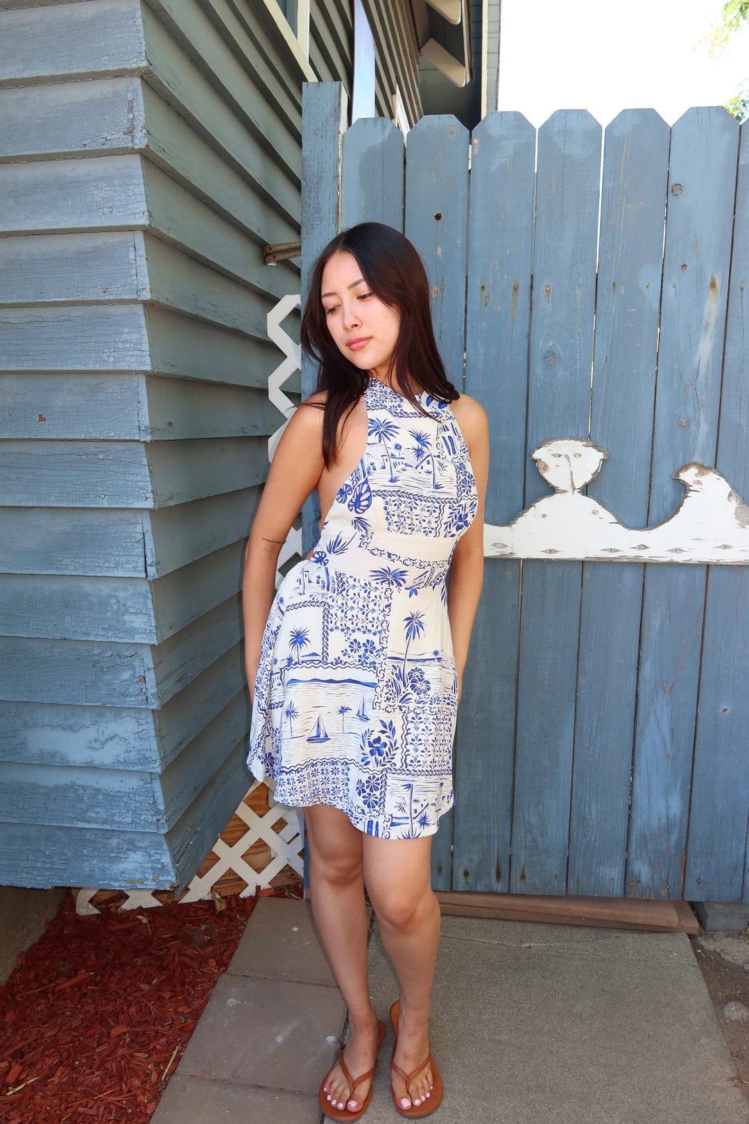 Capri Palm Print Halter Mini Dress