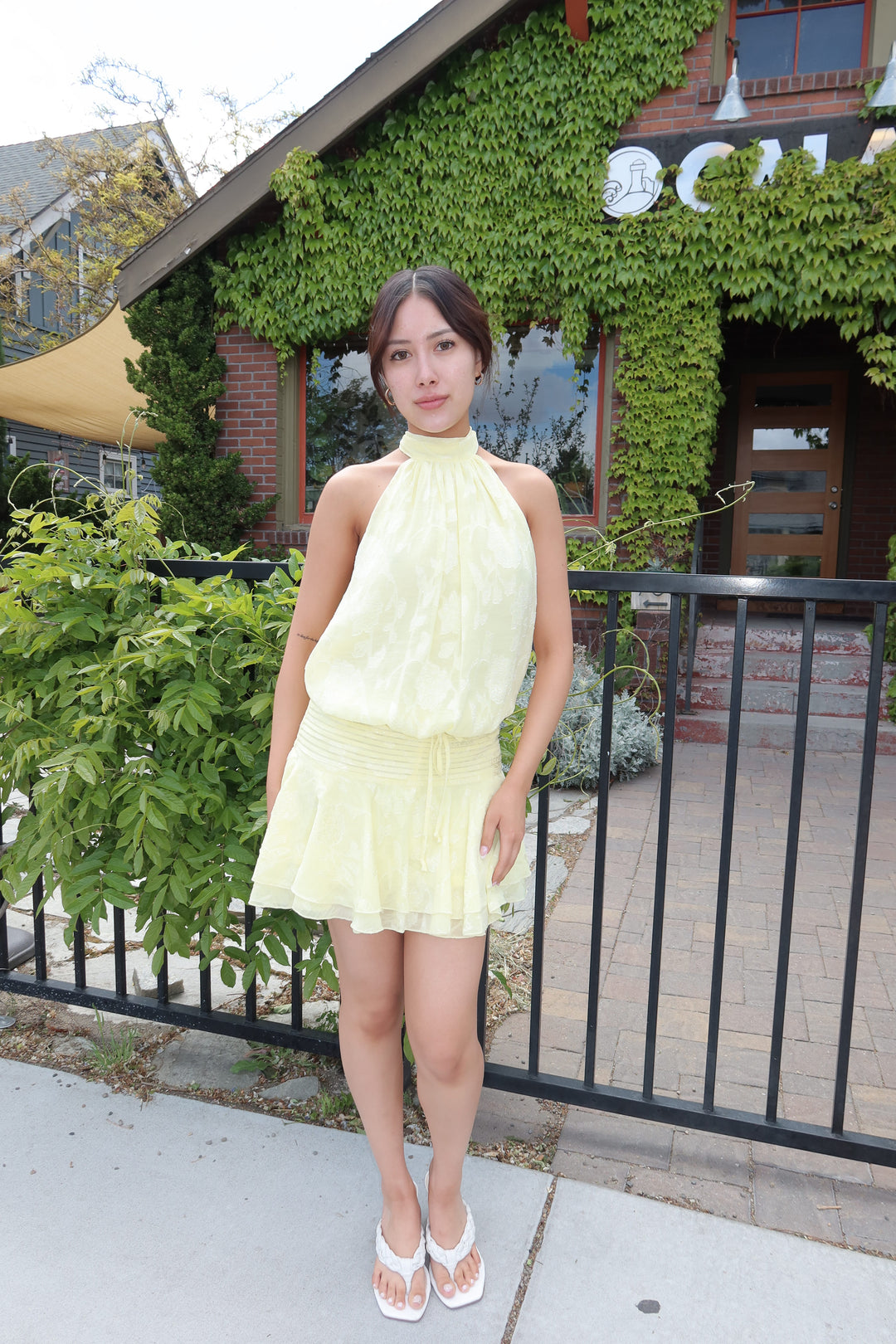 Lemon Floral Embossed Halter Open Back Mini Dress