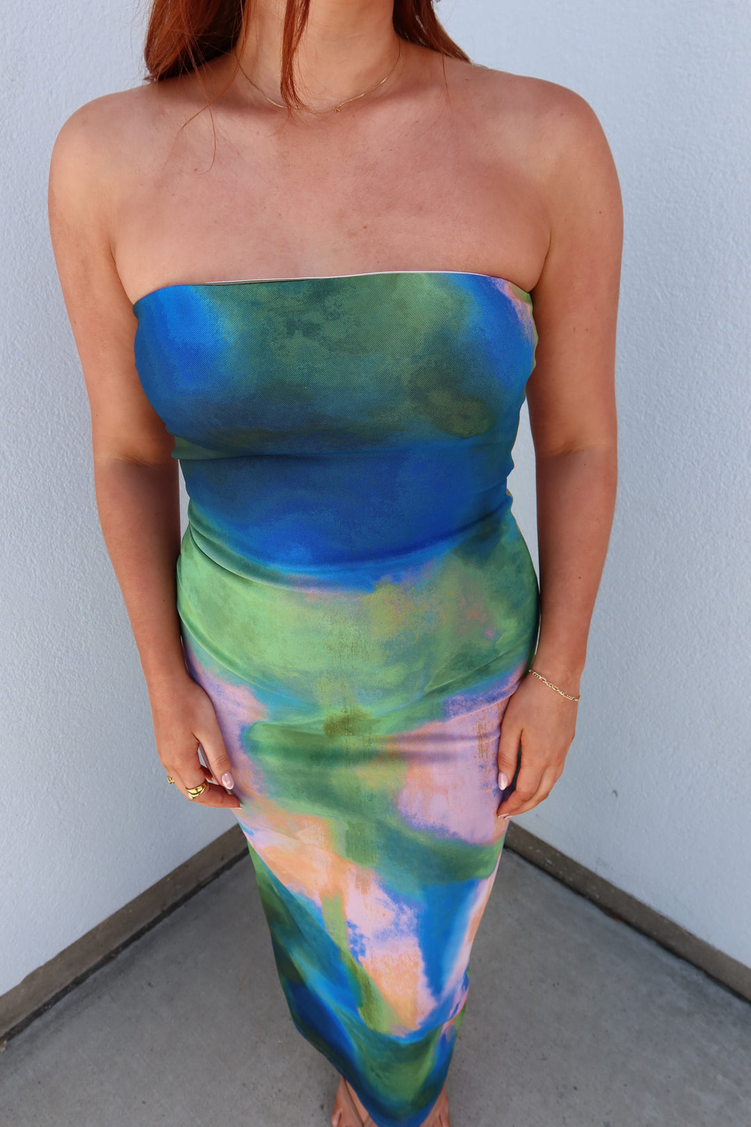 Aurora Watercolor Print Strapless Tube Midi Dress