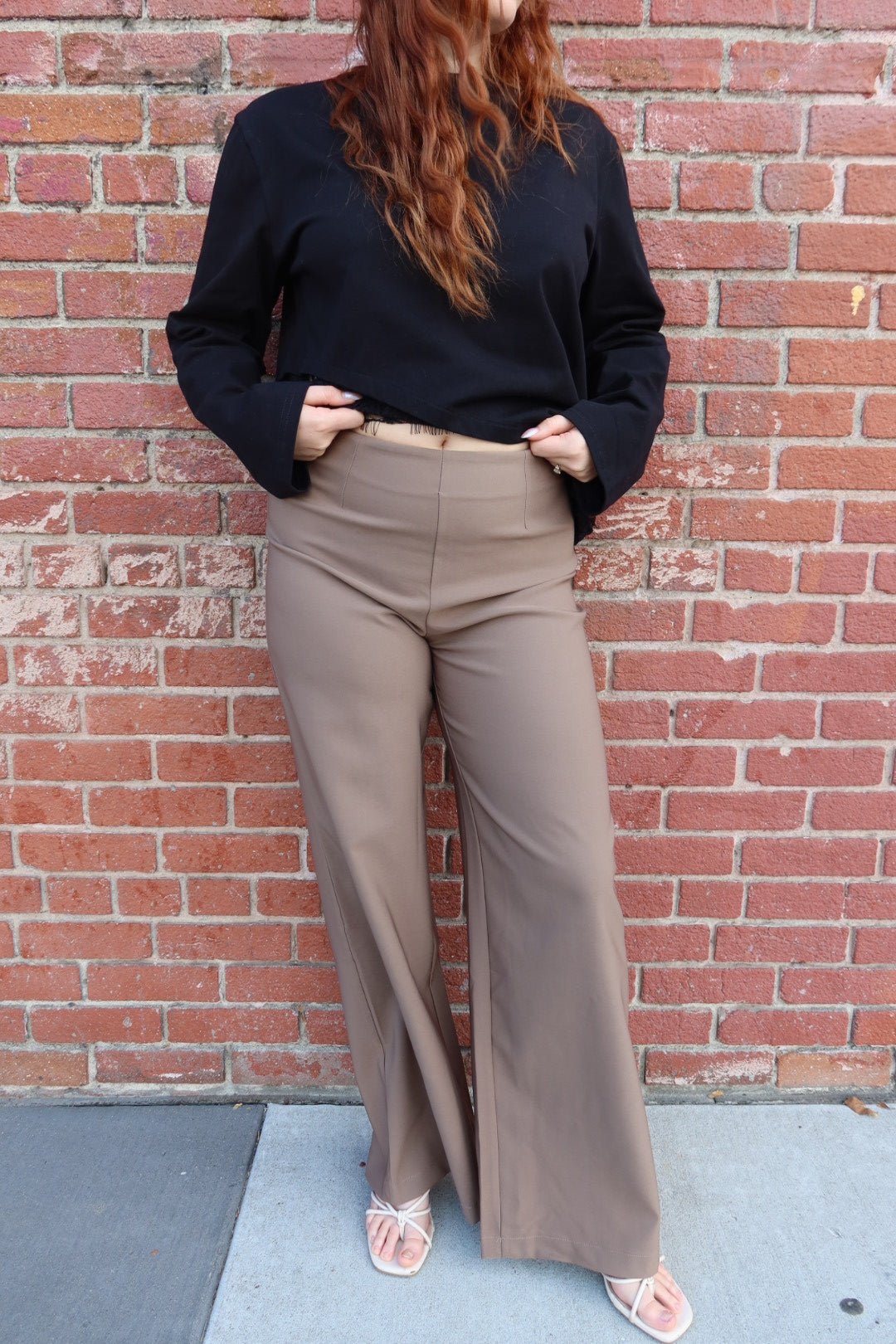 Front view of the taupe Billie tailored wide leg trousers, showing the high waist and long wide leg, worn with a black top