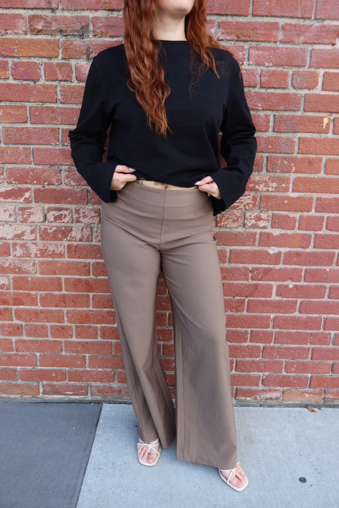 Close front view of the taupe Billie tailored wide leg trousers, hands at the waistband, worn with a black top