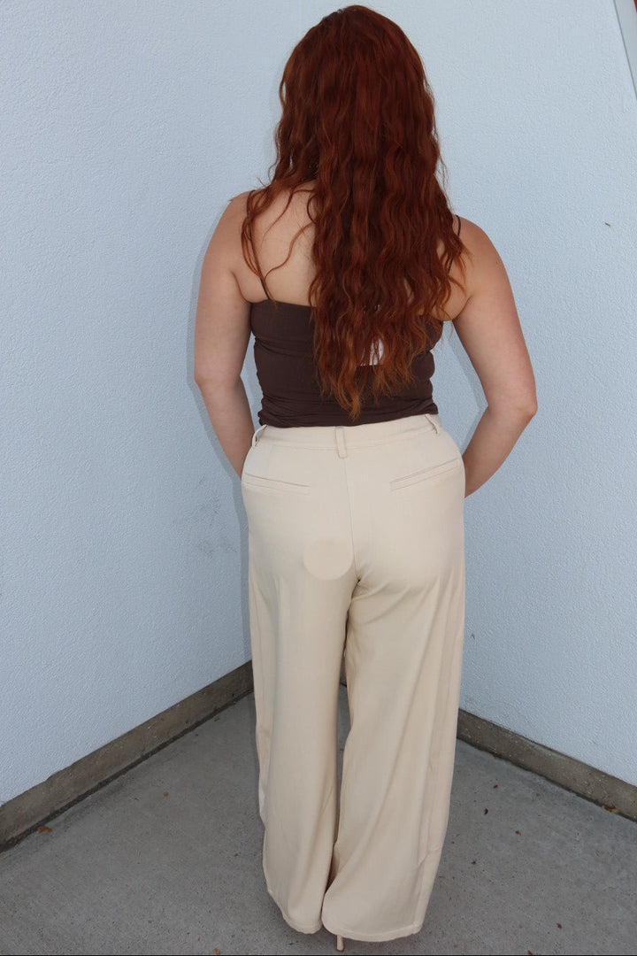 Back view of the cream Louis low waist pleated barrel wide leg pants, worn with a brown tube top