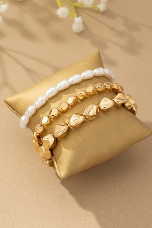 HOLLOW BEAD PEARL BRACELET SET