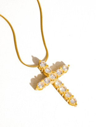 18K NON TARNISH CZ CROSS NECKLACE