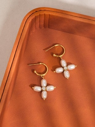 PEARL CROSS C-HOOP EARRINGS