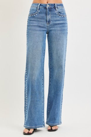 Risen Silver Stud High-Rise Wide Leg Jeans