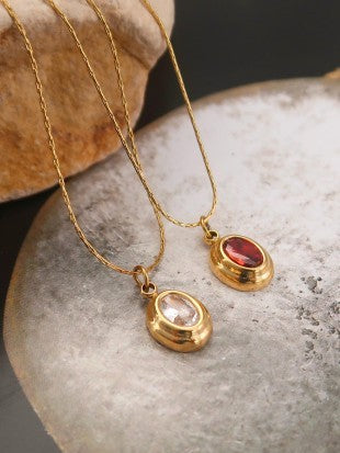 18K Gold Oval CZ Bezel Pendant Necklace