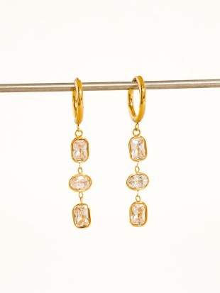 18K Gold Triple CZ Bezel Drop Huggie Earrings