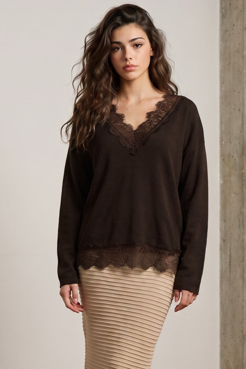 Edit By Nine - Lace Edge Long Sleeve V Neck Sweater Top - Brown