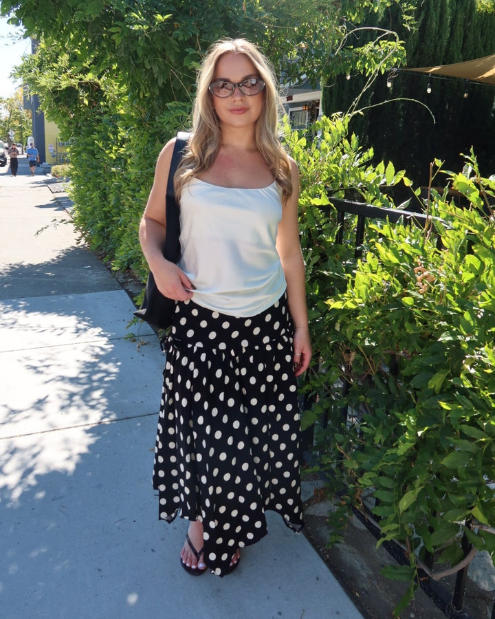 Cielo Polka Dot Drop Waist Midi Skirt - Black