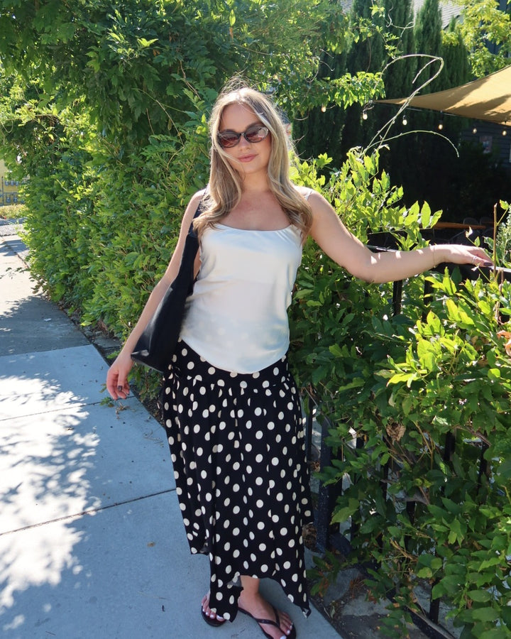 Cielo Polka Dot Drop Waist Midi Skirt - Black