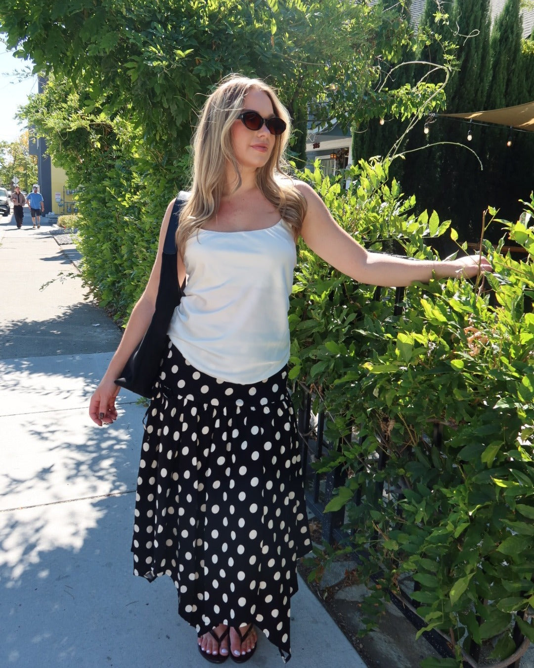 Cielo Polka Dot Drop Waist Midi Skirt - Black