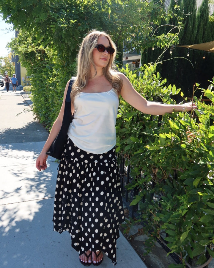 Cielo Polka Dot Drop Waist Midi Skirt - Black