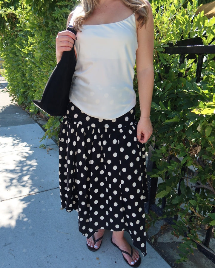 Cielo Polka Dot Drop Waist Midi Skirt - Black