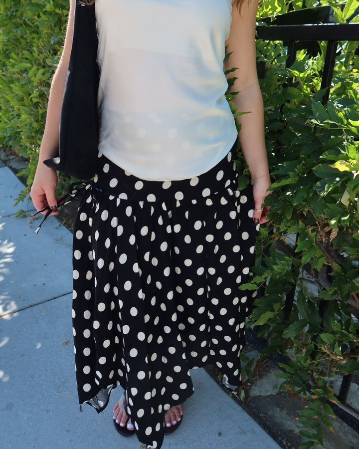 Cielo Polka Dot Drop Waist Midi Skirt - Black