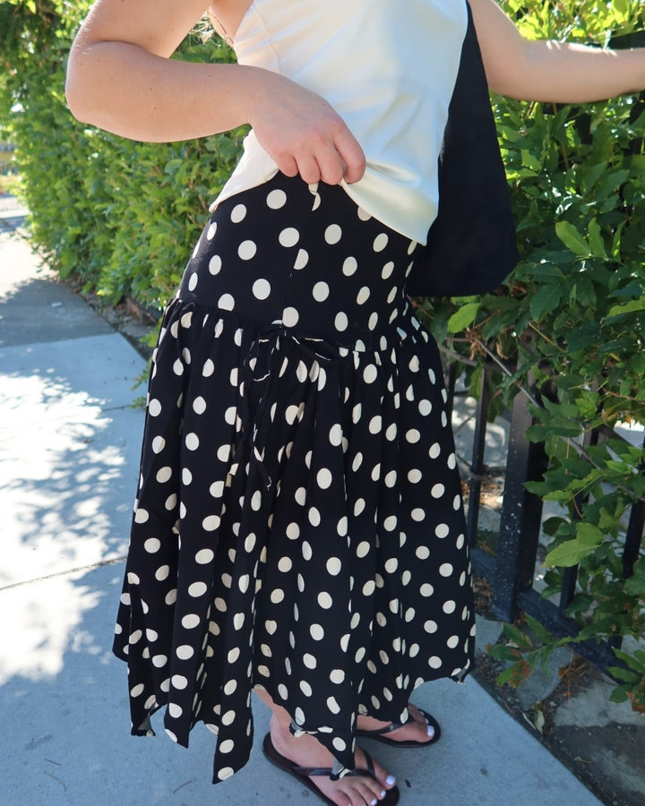 Cielo Polka Dot Drop Waist Midi Skirt - Black