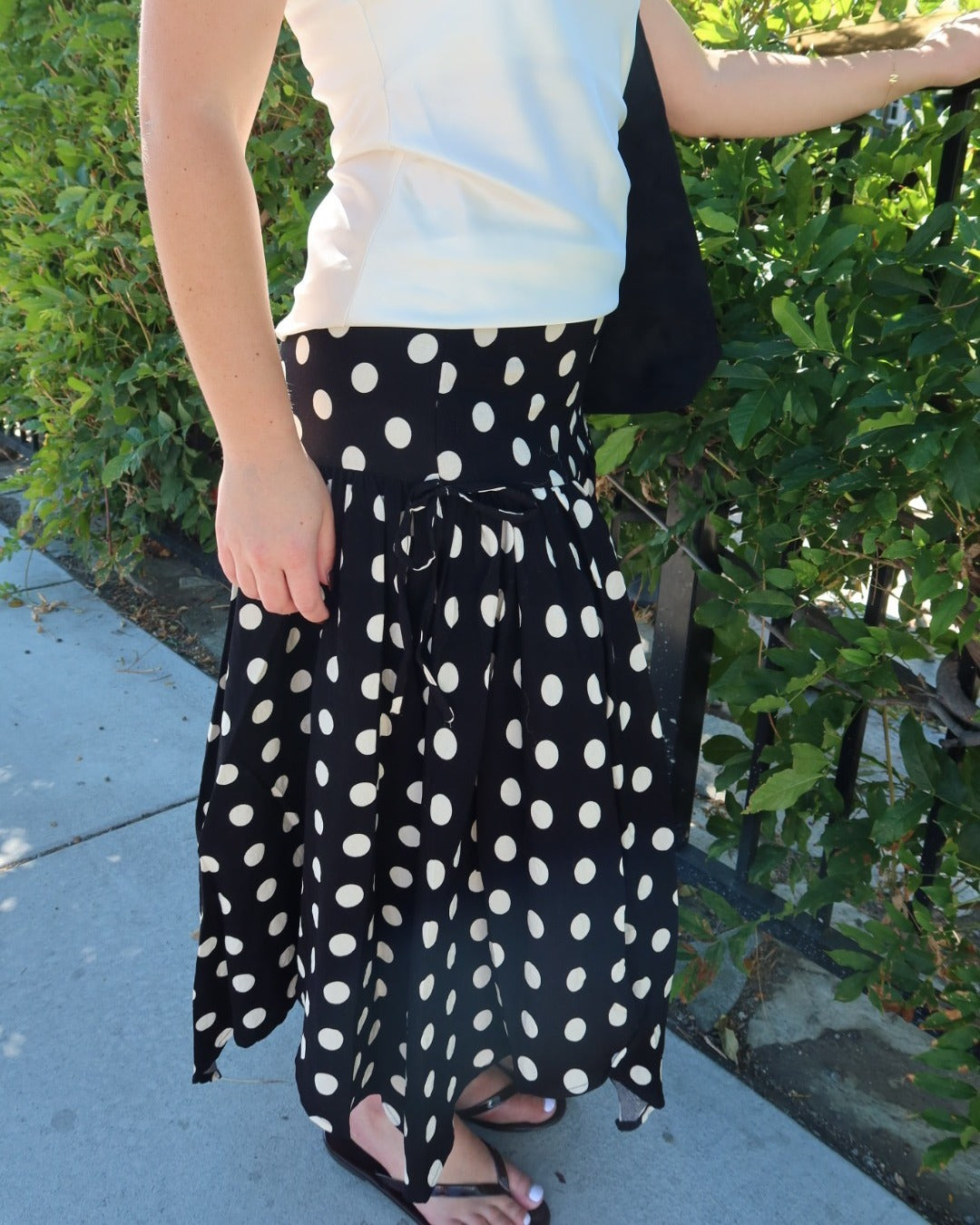 Cielo Polka Dot Drop Waist Midi Skirt - Black