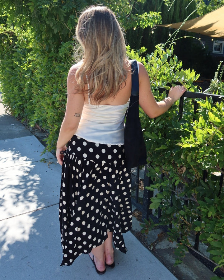 Cielo Polka Dot Drop Waist Midi Skirt - Black