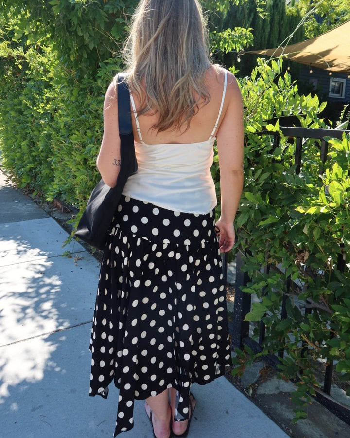 Cielo Polka Dot Drop Waist Midi Skirt - Black