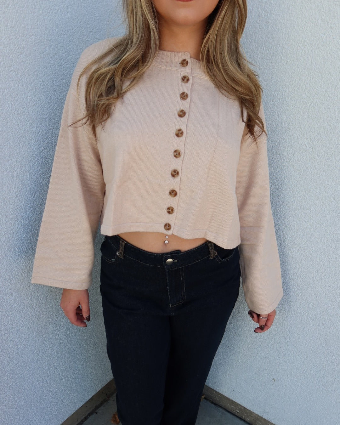 Deacon Crewneck Button Down Cardigan - Beige
