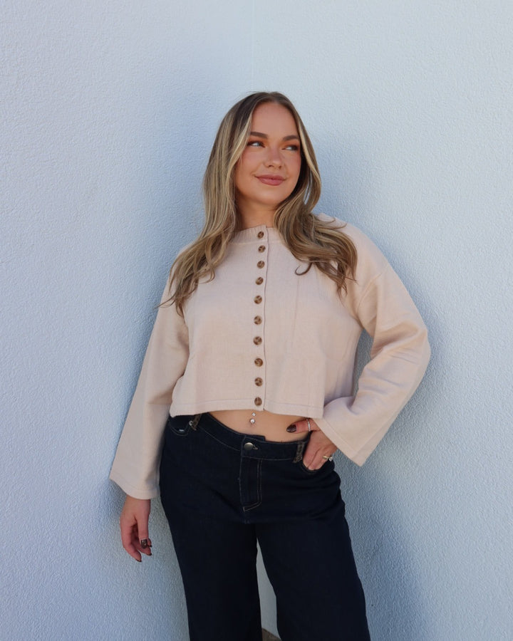 Deacon Crewneck Button Down Cardigan - Beige