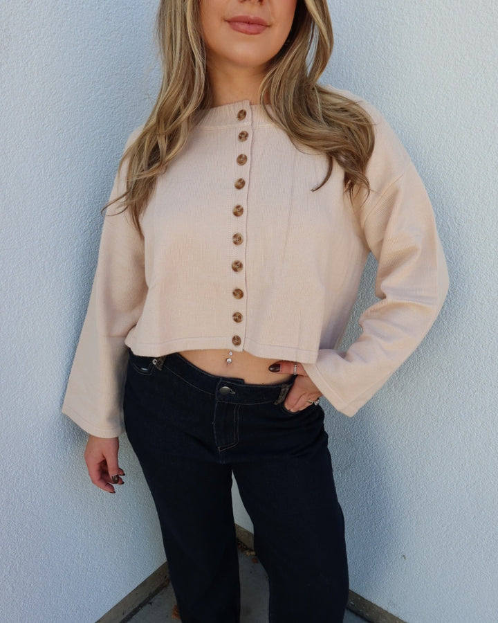 Deacon Crewneck Button Down Cardigan - Beige
