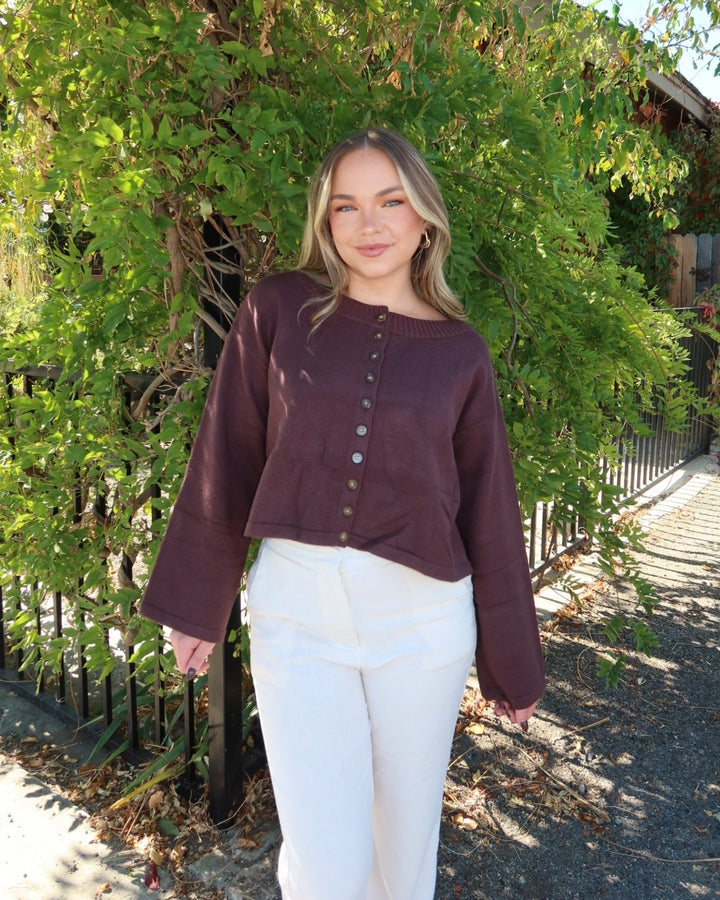 Deacon Crewneck Button Down Cardigan - Brown